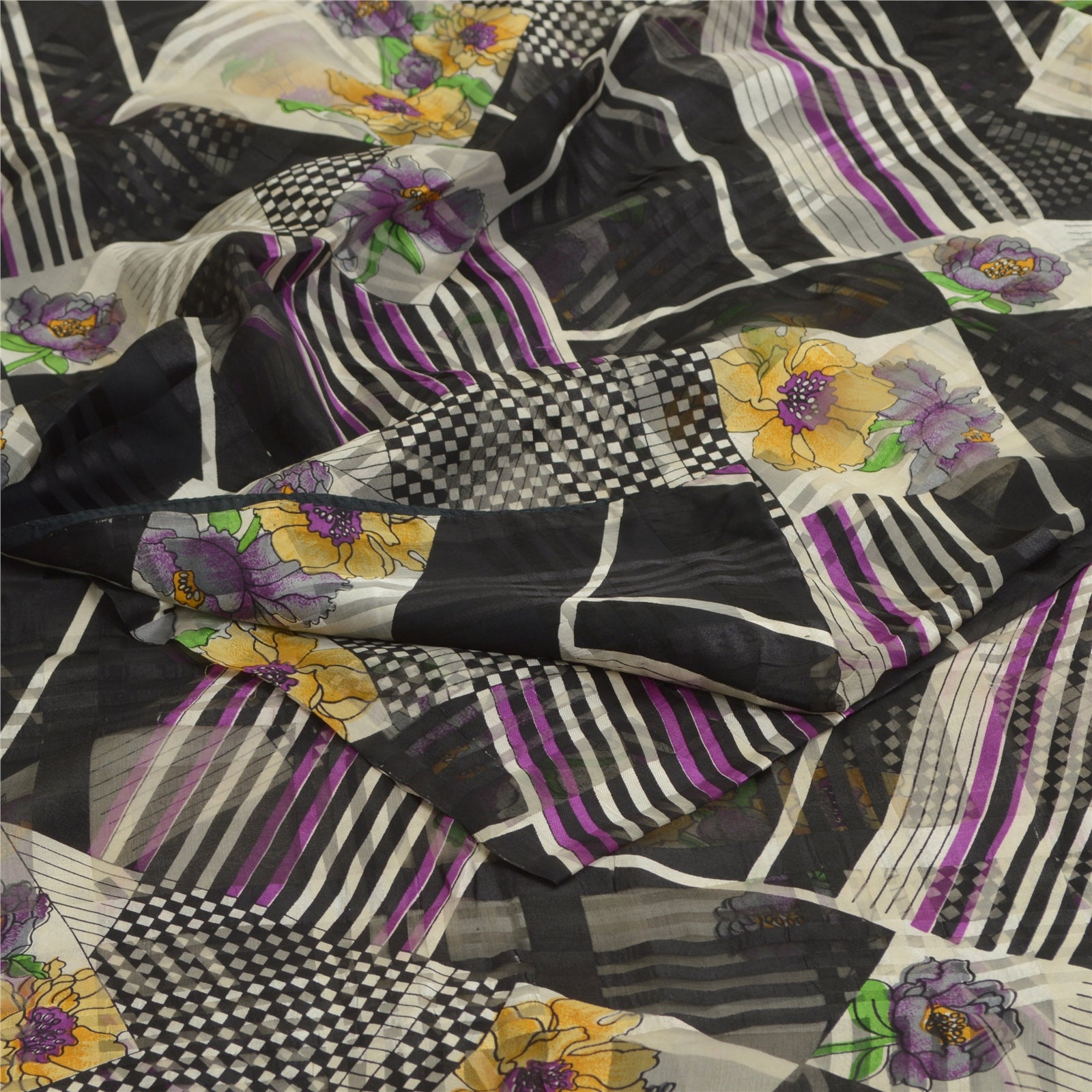 Sanskriti Vintage Sarees Sorte Ren Georgette Silke Trykt Sari 5yd Håndværk Bæredygtigt Stoff