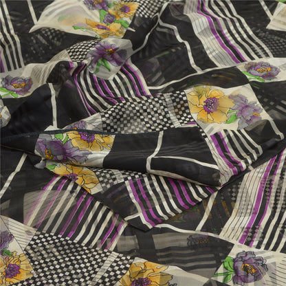 Сари Sanskriti Vintage, черное, чистый шелк, жоржет, напечатанное сари, 5 ярдов, ткань для рукоделия, устойчивая к истиранию