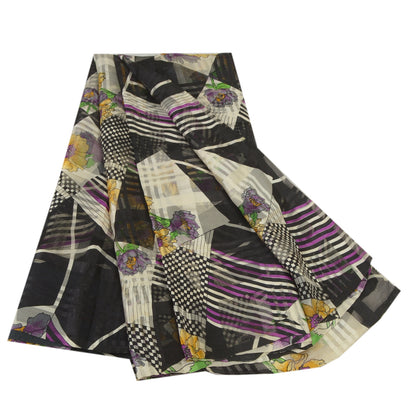 Сари Sanskriti Vintage, черное, чистый шелк, жоржет, напечатанное сари, 5 ярдов, ткань для рукоделия, устойчивая к истиранию