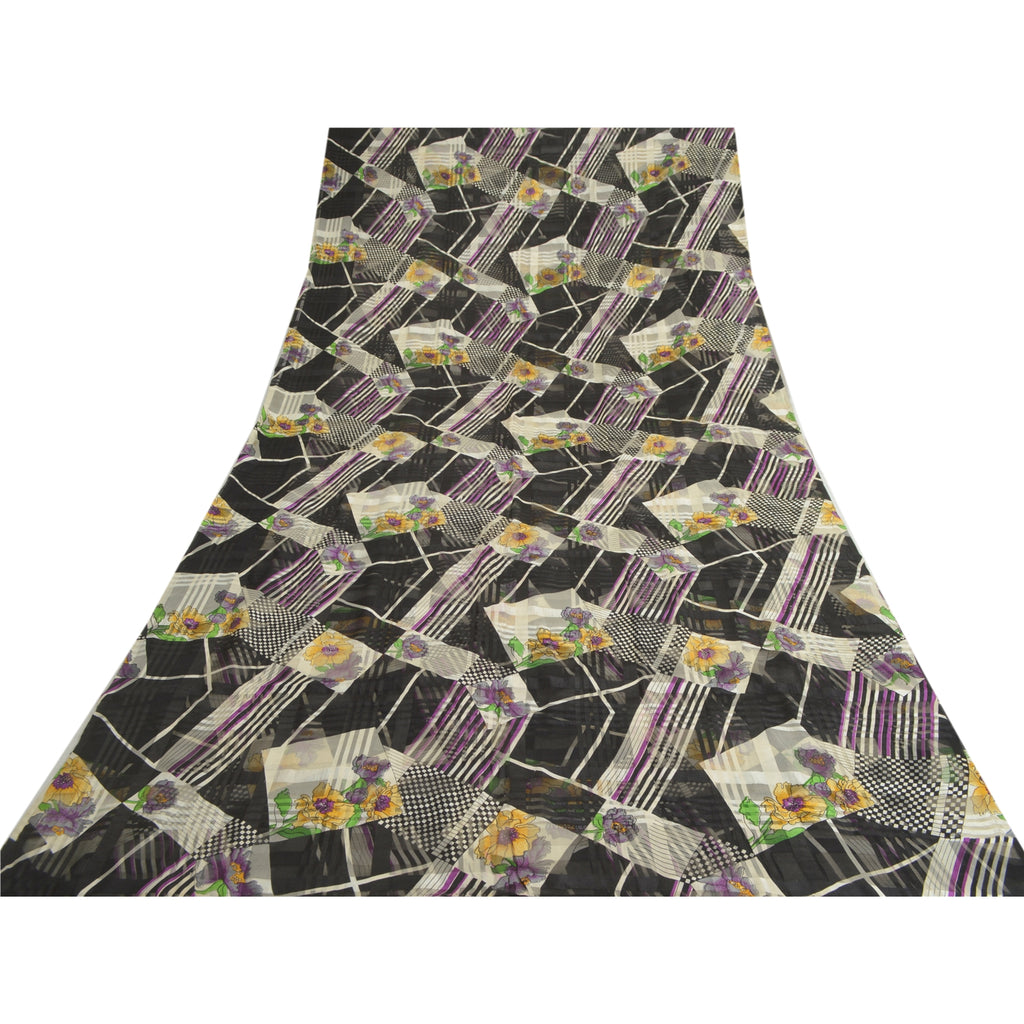 Сари Sanskriti Vintage, черное, чистый шелк, жоржет, напечатанное сари, 5 ярдов, ткань для рукоделия, устойчивая к истиранию