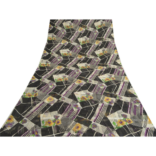 Sanskriti Vintage Sarees Black Pure Georgette Silk Printed Sari 5yd Craft Sustainable Fabric