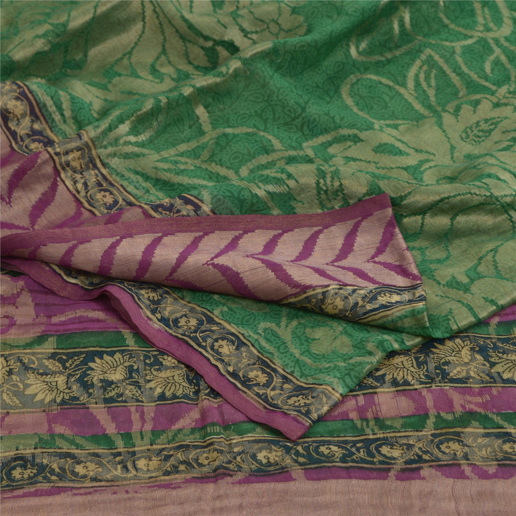 Sanskriti Vintage Sarees Green Pure Georgette Silk Woven Printed Sari 5yd Fabric