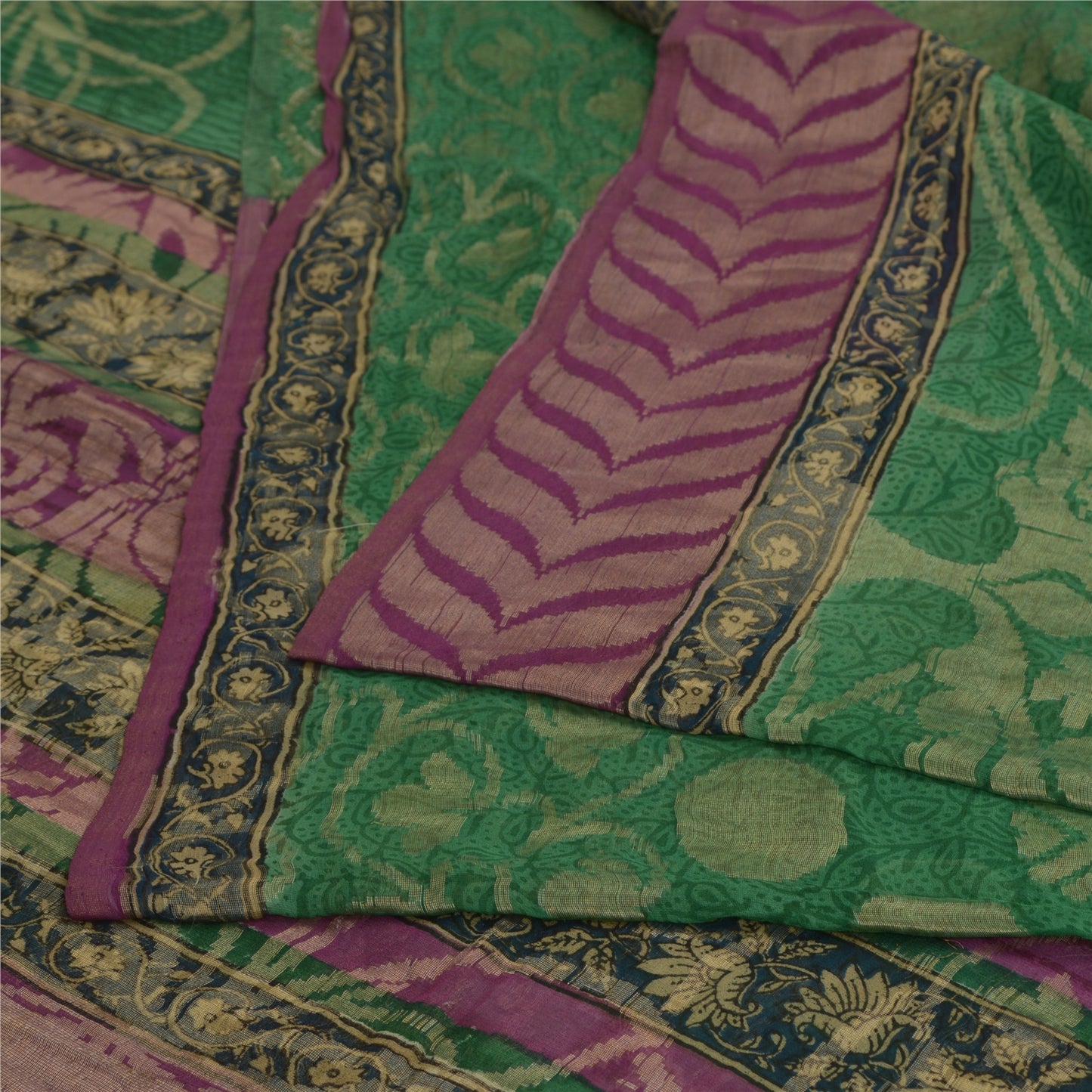 Sanskriti Vintage Sarees Green Pure Georgette Silk Woven Printed Sari 5yd Sustainable Fabric