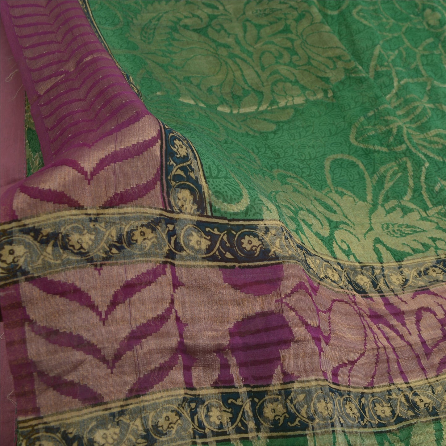 Sanskriti Vintage Sarees Green Pure Georgette Silk Woven Printed Sari 5yd Sustainable Fabric