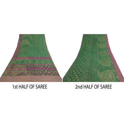 Sanskriti Vintage Sarees Green Pure Georgette Silk Woven Printed Sari 5yd Sustainable Fabric