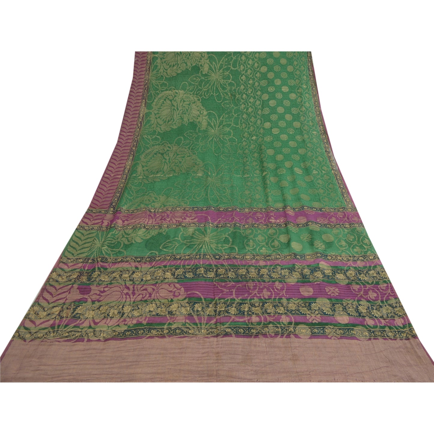 Sanskriti Vintage Sarees Green Pure Georgette Silk Woven Printed Sari 5yd Sustainable Fabric