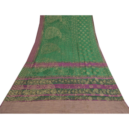 Sanskriti Vintage Sarees Green Pure Georgette Silk Woven Printed Sari 5yd Sustainable Fabric