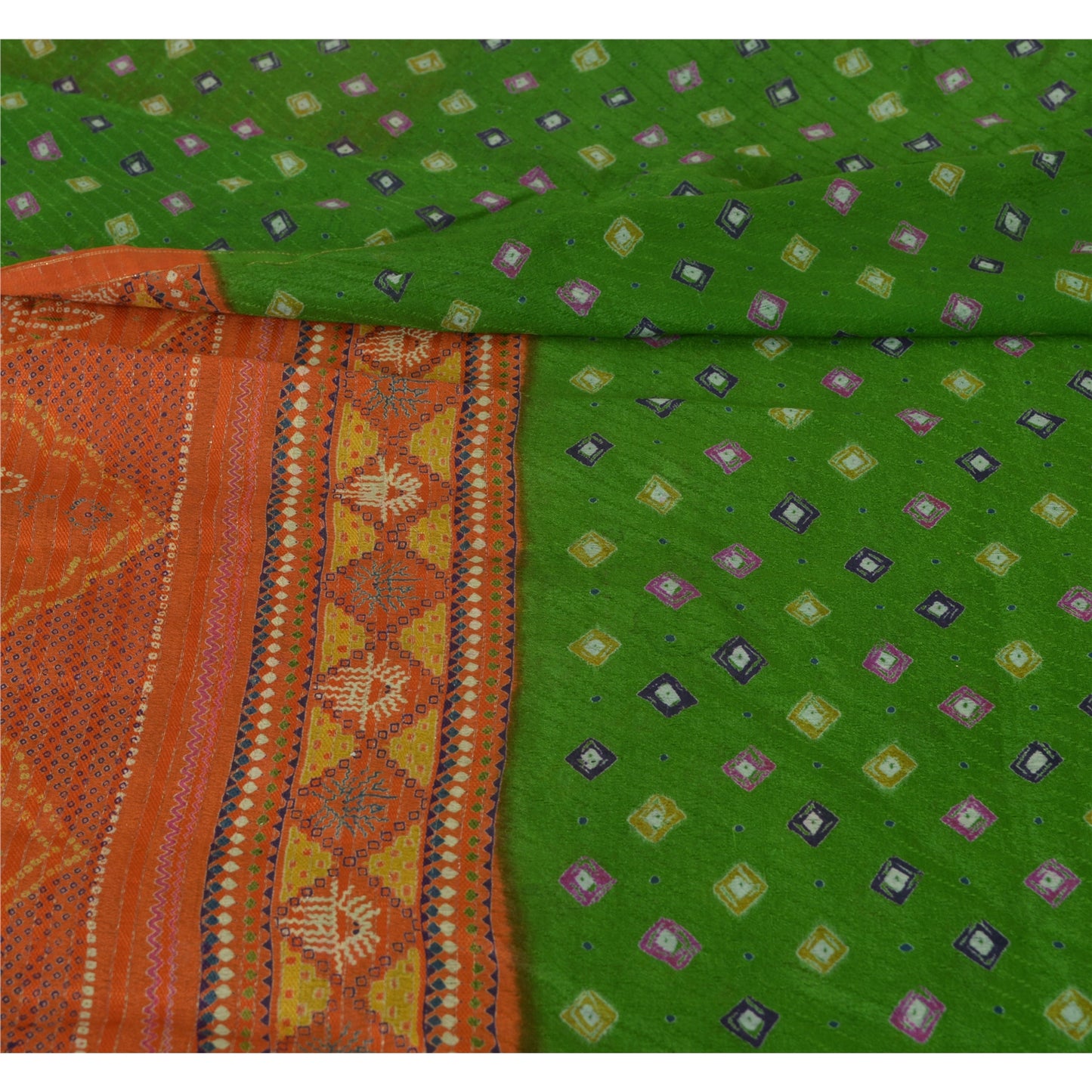 Sanskriti Vintage Sarees Green/Orange Pure Crepe Silk Sari Printed Craft Sustainable Fabric