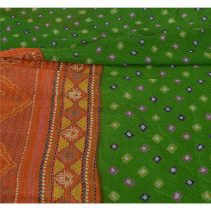 Sanskriti Vintage Sarees Green/Orange Pure Crepe Silk Sari Printed Craft Sustainable Fabric