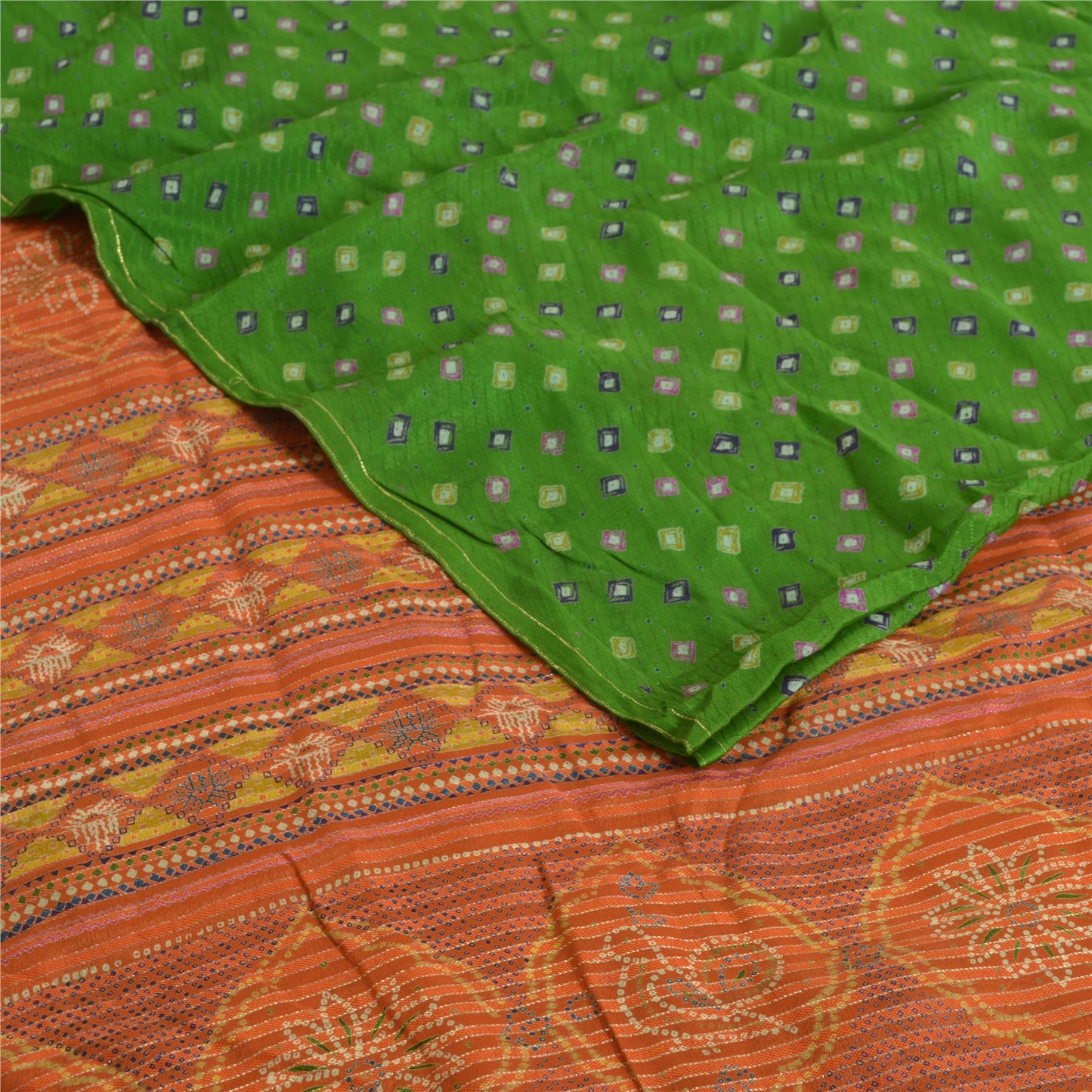 Sanskriti Vintage Sarees Green/Orange Pure Crepe Silk Sari Printed Craft Sustainable Fabric
