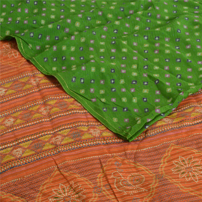 Sanskriti Vintage Sarees Green/Orange Pure Crepe Silk Sari Printed Craft Sustainable Fabric