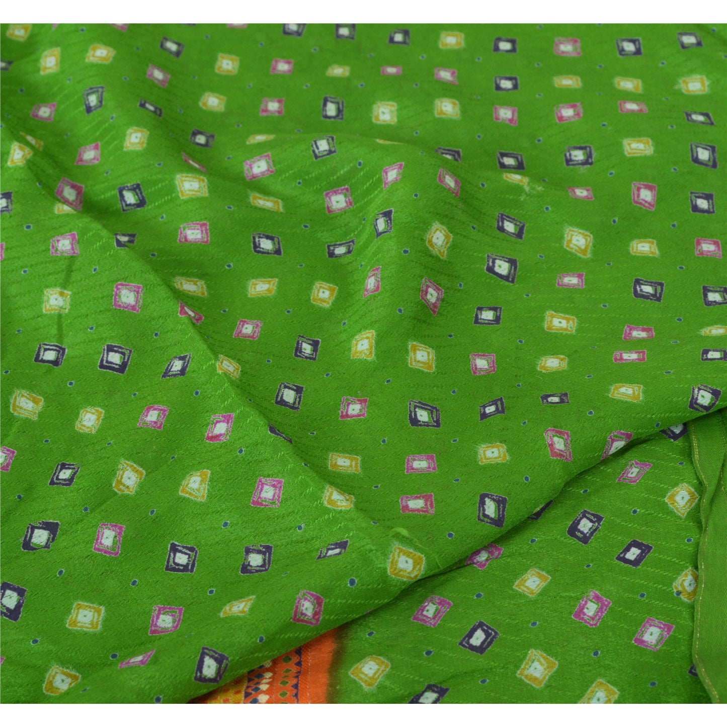 Sanskriti Vintage Sarees Green/Orange Pure Crepe Silk Sari Printed Craft Sustainable Fabric