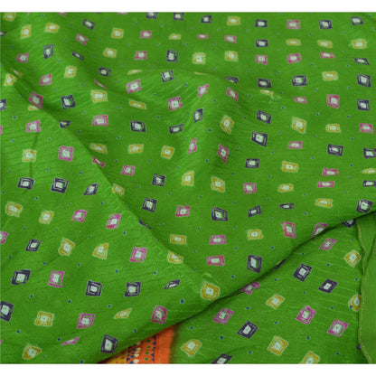 Sanskriti Vintage Sarees Green/Orange Pure Crepe Silk Sari Printed Craft Sustainable Fabric