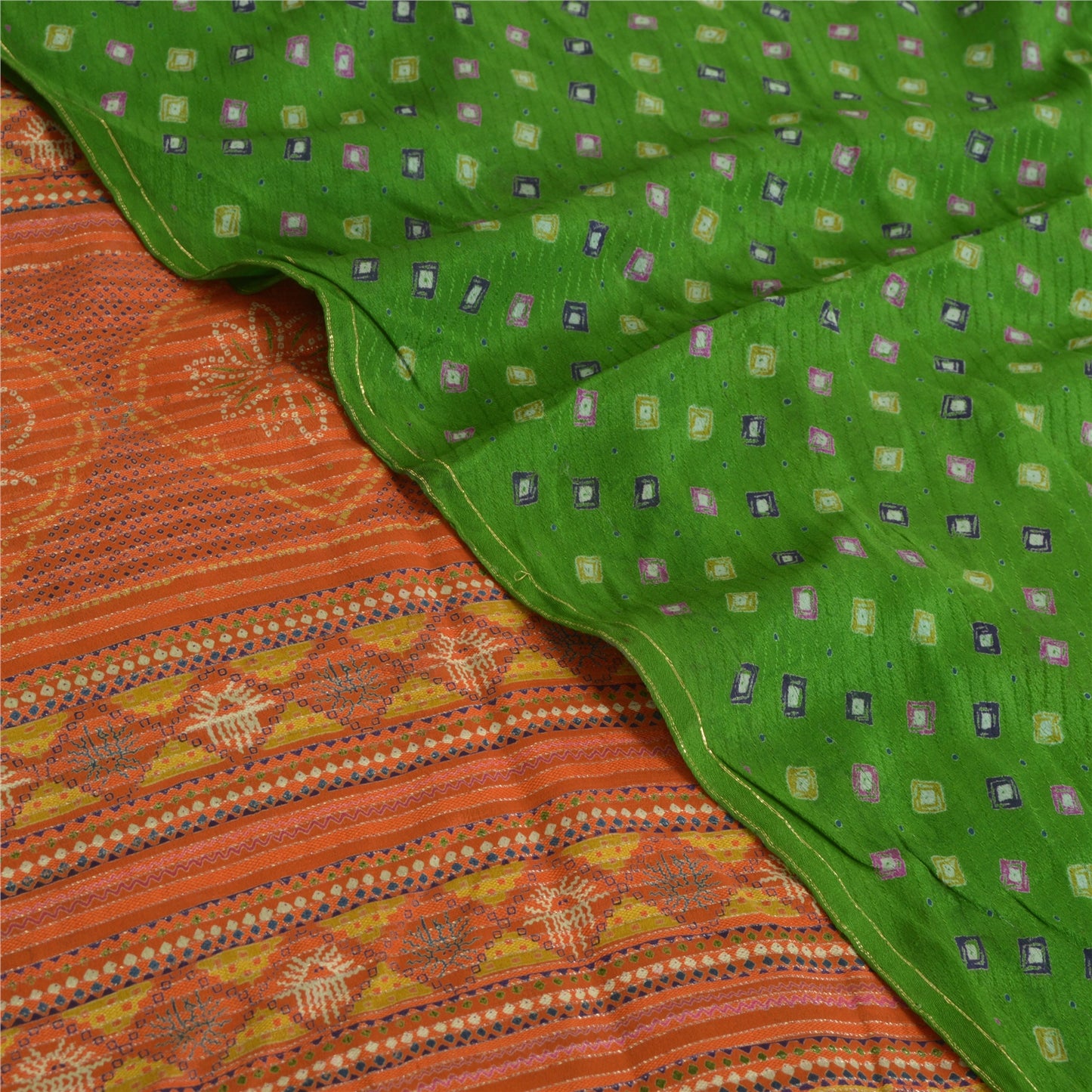 Sanskriti Vintage Sarees Green/Orange Pure Crepe Silk Sari Printed Craft Sustainable Fabric