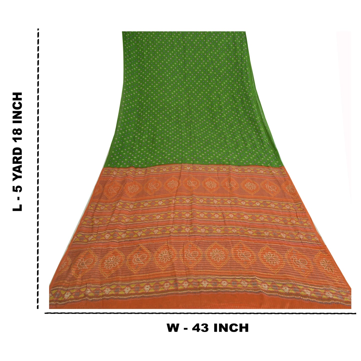 Sanskriti Vintage Sarees Green/Orange Pure Crepe Silk Sari Printed Craft Sustainable Fabric