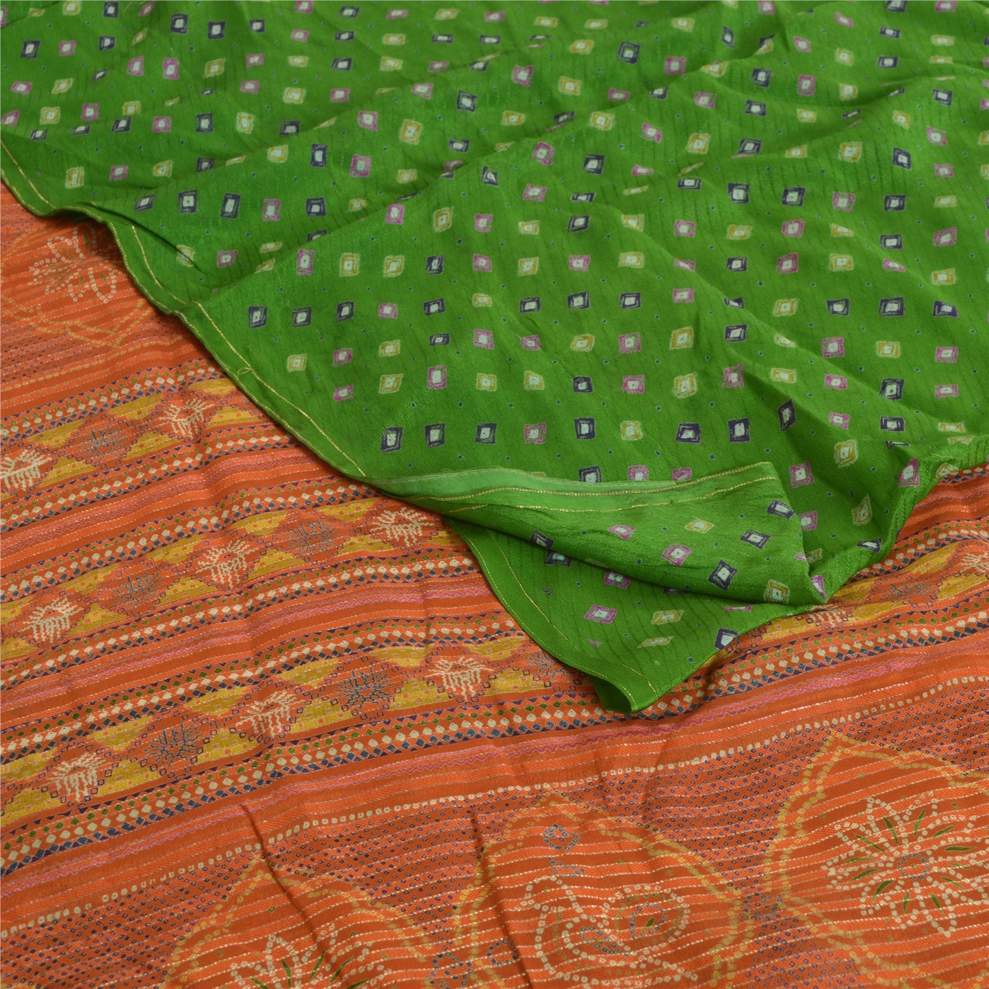 Sanskriti Vintage Sarees Green/Orange Pure Crepe Silk Sari Printed Craft Sustainable Fabric