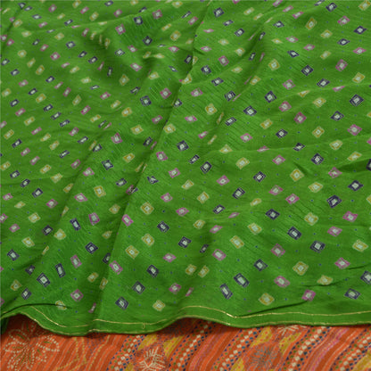 Sanskriti Vintage Sarees Green/Orange Pure Crepe Silk Sari Printed Craft Sustainable Fabric