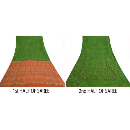Sanskriti Vintage Sarees Green/Orange Pure Crepe Silk Sari Printed Craft Sustainable Fabric