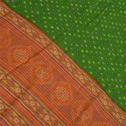 Sanskriti Vintage Sarees Green/Orange Pure Crepe Silk Sari Printed Craft Sustainable Fabric