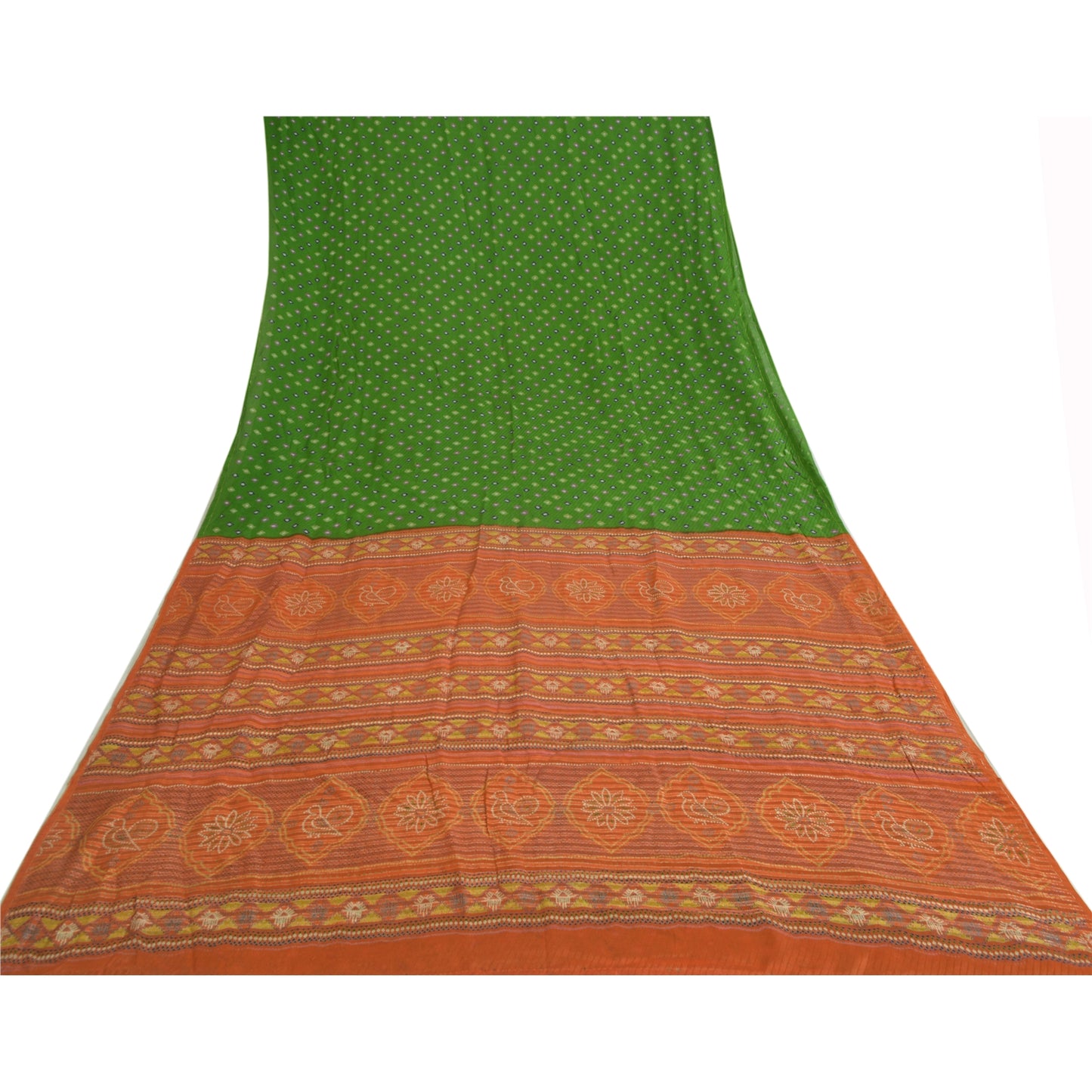 Sanskriti Vintage Sarees Green/Orange Pure Crepe Silk Sari Printed Craft Sustainable Fabric