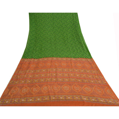 Sanskriti Vintage Sarees Green/Orange Pure Crepe Silk Sari Printed Craft Sustainable Fabric