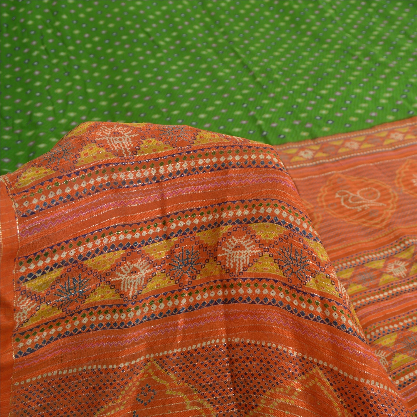 Sanskriti Vintage Sarees Green/Orange Pure Crepe Silk Sari Printed Craft Sustainable Fabric