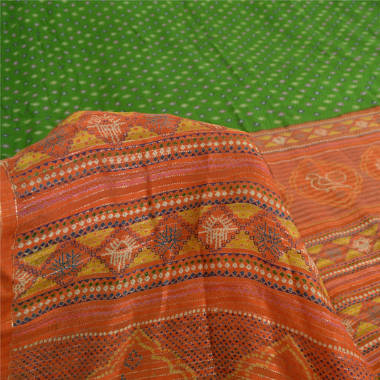 Sanskriti Vintage Sarees Green/Orange Pure Crepe Silk Sari Printed Craft Sustainable Fabric