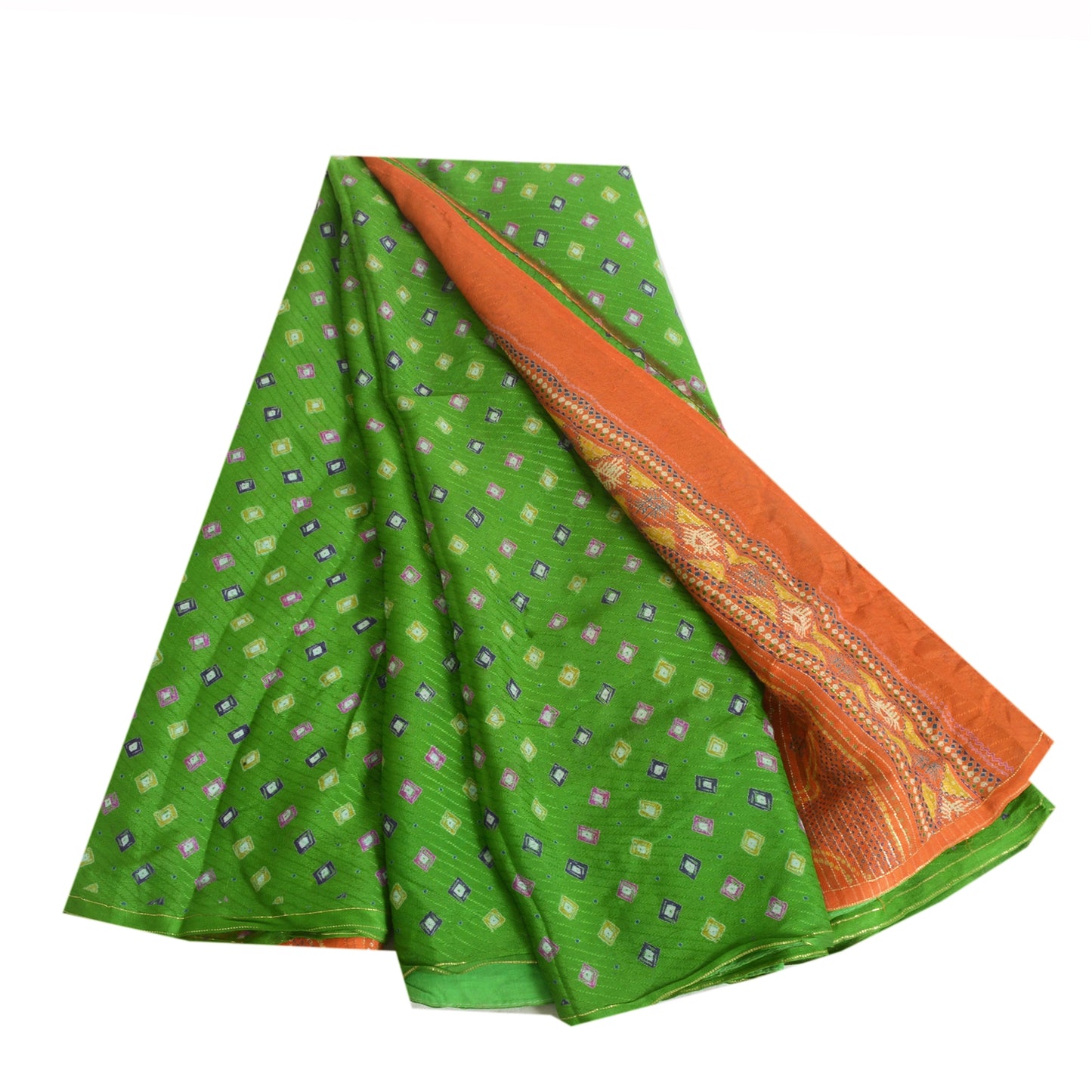 Sanskriti Vintage Sarees Green/Orange Pure Crepe Silk Sari Printed Craft Sustainable Fabric