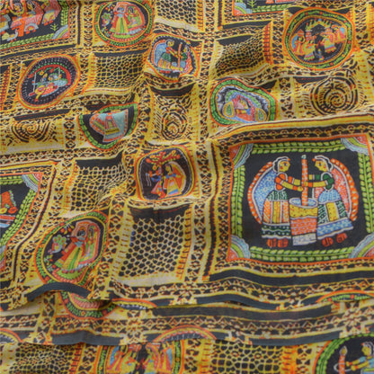 Sanskriti Vintage Sarees Digital Printed Yellow/Black Pure Georgette Sari Sustainable Fabric