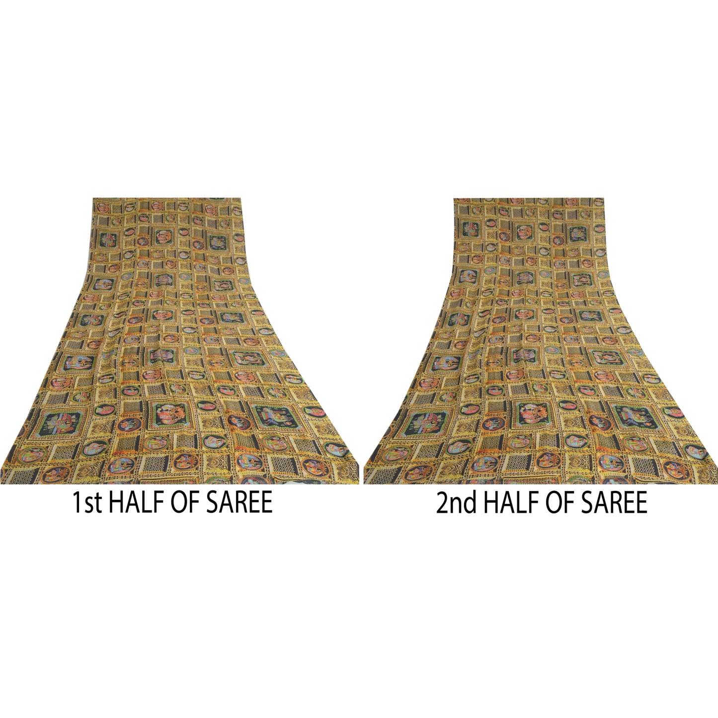 Sanskriti Vintage Sarees Digital Printed Yellow/Black Pure Georgette Sari Sustainable Fabric