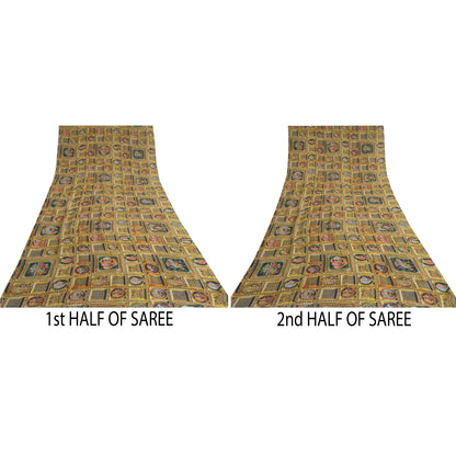 Sanskriti Vintage Sarees Digital Printed Yellow/Black Pure Georgette Sari Sustainable Fabric