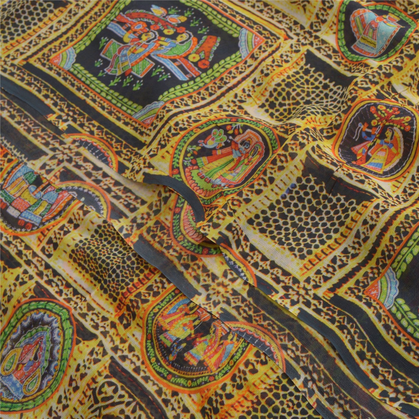 Sanskriti Vintage Sarees Digital Printed Yellow/Black Pure Georgette Sari Sustainable Fabric