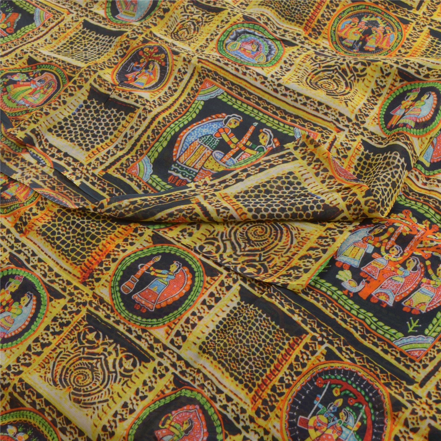 Sanskriti Vintage Sarees Digital Printed Yellow/Black Pure Georgette Sari Sustainable Fabric