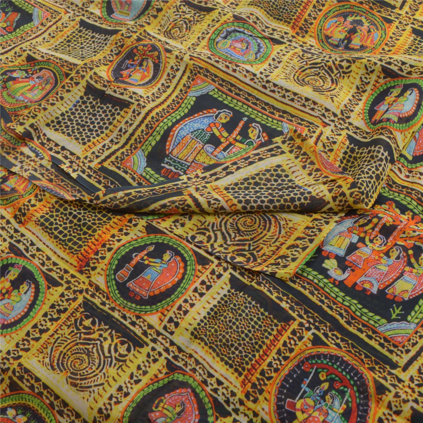 Sanskriti Vintage Sarees Digital Printed Yellow/Black Pure Georgette Sari Sustainable Fabric