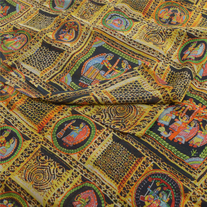 Sanskriti Vintage Sarees Digital Printed Yellow/Black Pure Georgette Sari Sustainable Fabric