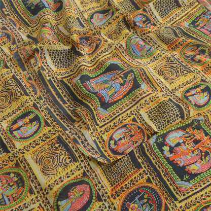 Sanskriti Vintage Sarees Digital Printed Yellow/Black Pure Georgette Sari Sustainable Fabric