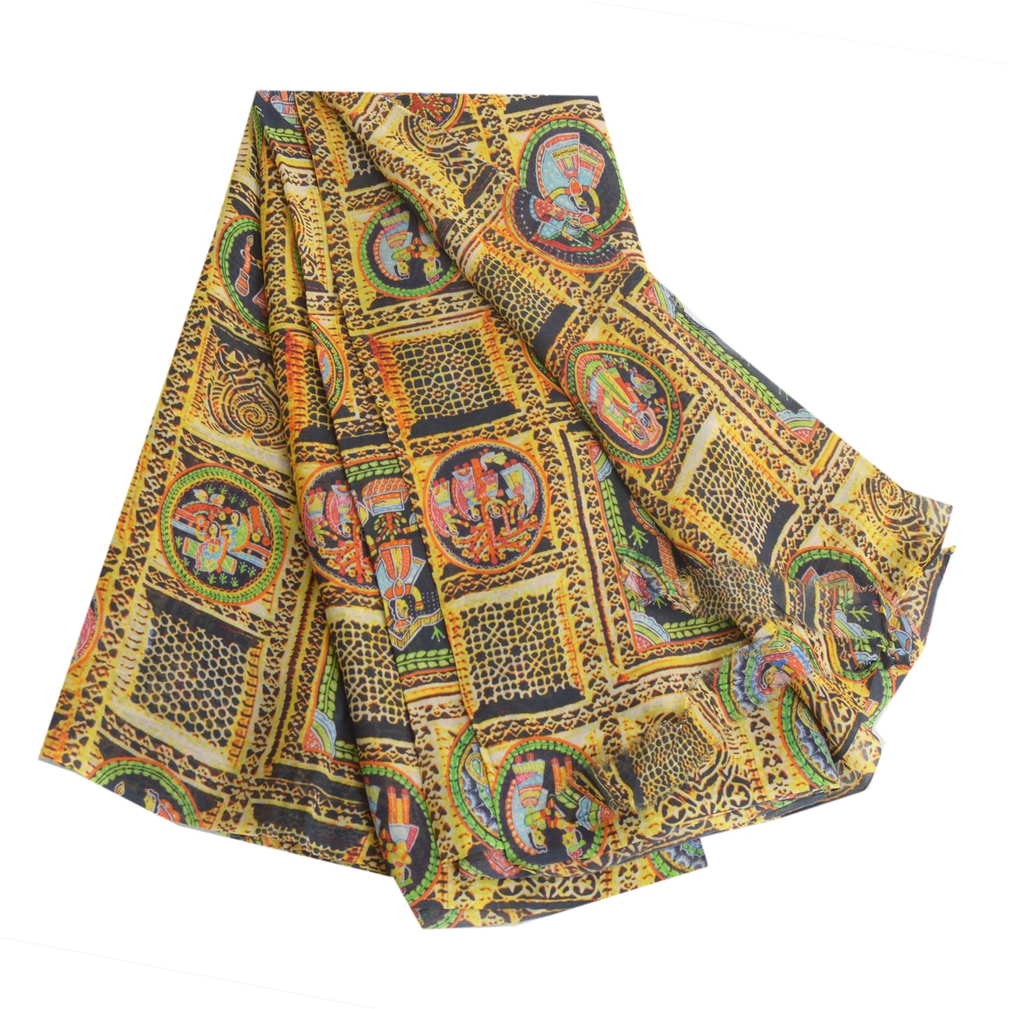 Sanskriti Vintage Sarees Digital Printed Yellow/Black Pure Georgette Sari Sustainable Fabric