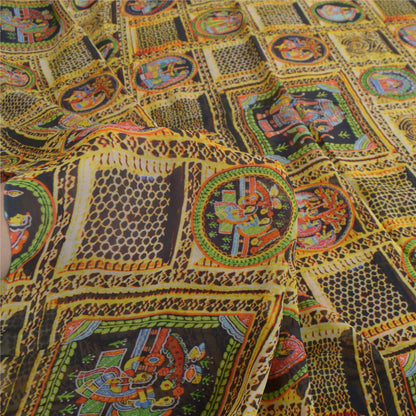 Sanskriti Vintage Sarees Digital Printed Yellow/Black Pure Georgette Sari Sustainable Fabric
