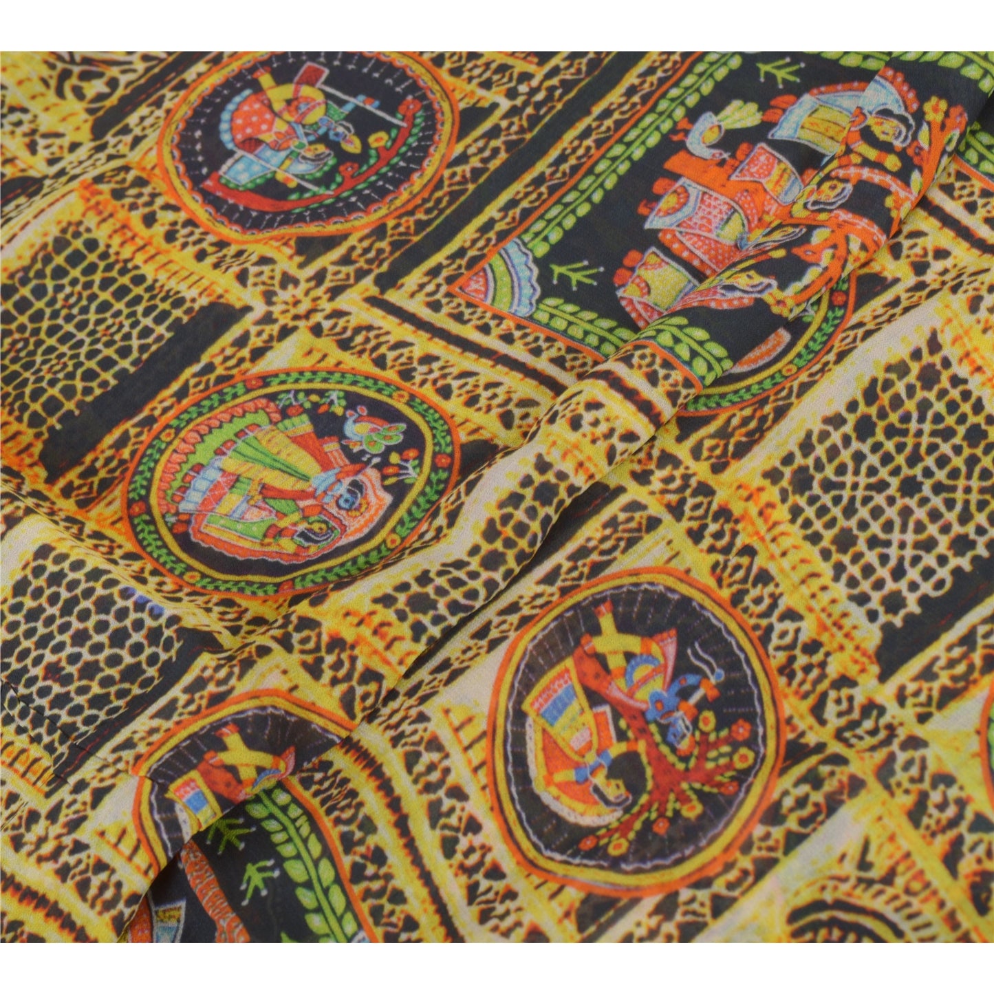 Sanskriti Vintage Sarees Digital Printed Yellow/Black Pure Georgette Sari Sustainable Fabric