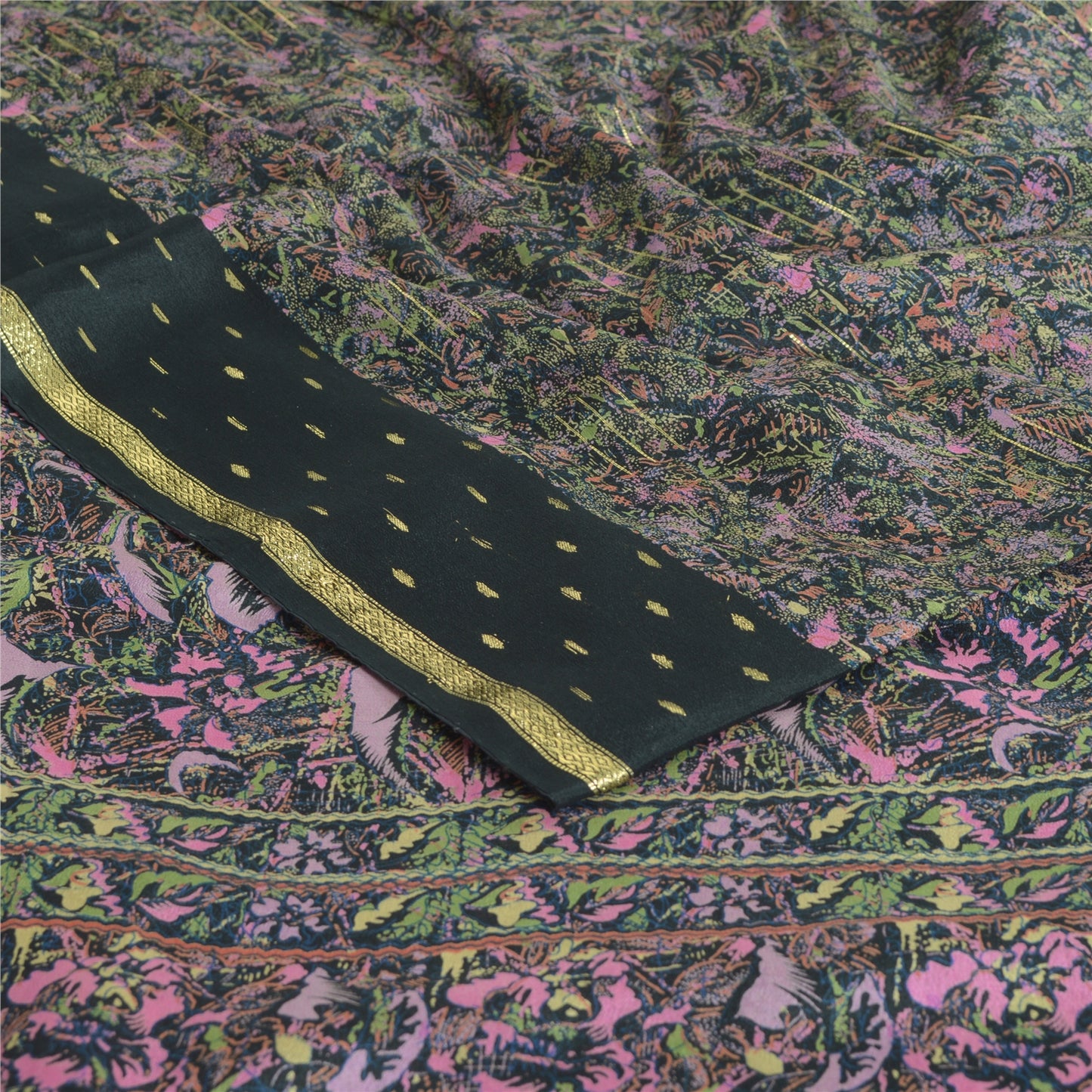 Sanskriti Vintage Sarees Sort Ren Georgette Trykt Vævet Sari Håndværk Bæredygtigt Stoff