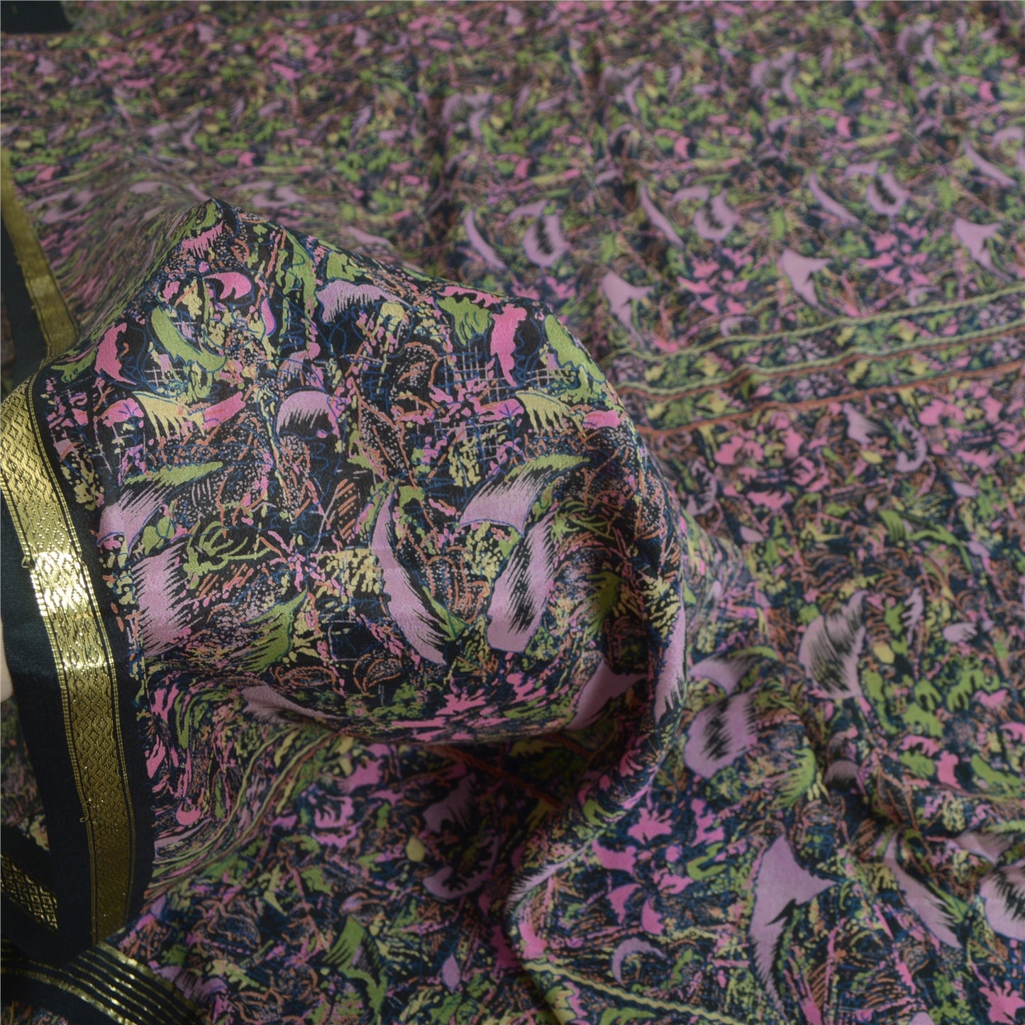 Sanskriti Vintage Sarees Sort Ren Georgette Trykt Vævet Sari Håndværk Bæredygtigt Stoff