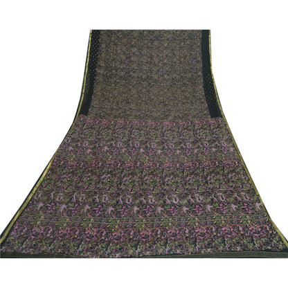 Sanskriti Vintage Sarees Sort Ren Georgette Trykt Vævet Sari Håndværk Bæredygtigt Stoff