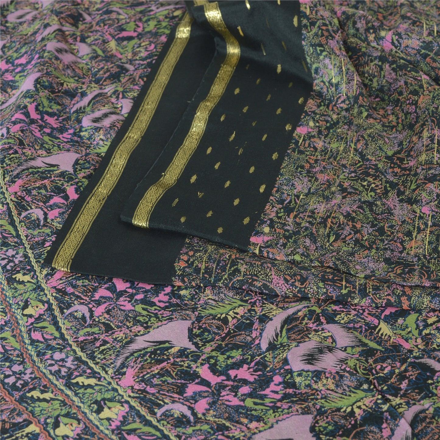 Sanskriti Vintage Sarees Sort Ren Georgette Trykt Vævet Sari Håndværk Bæredygtigt Stoff