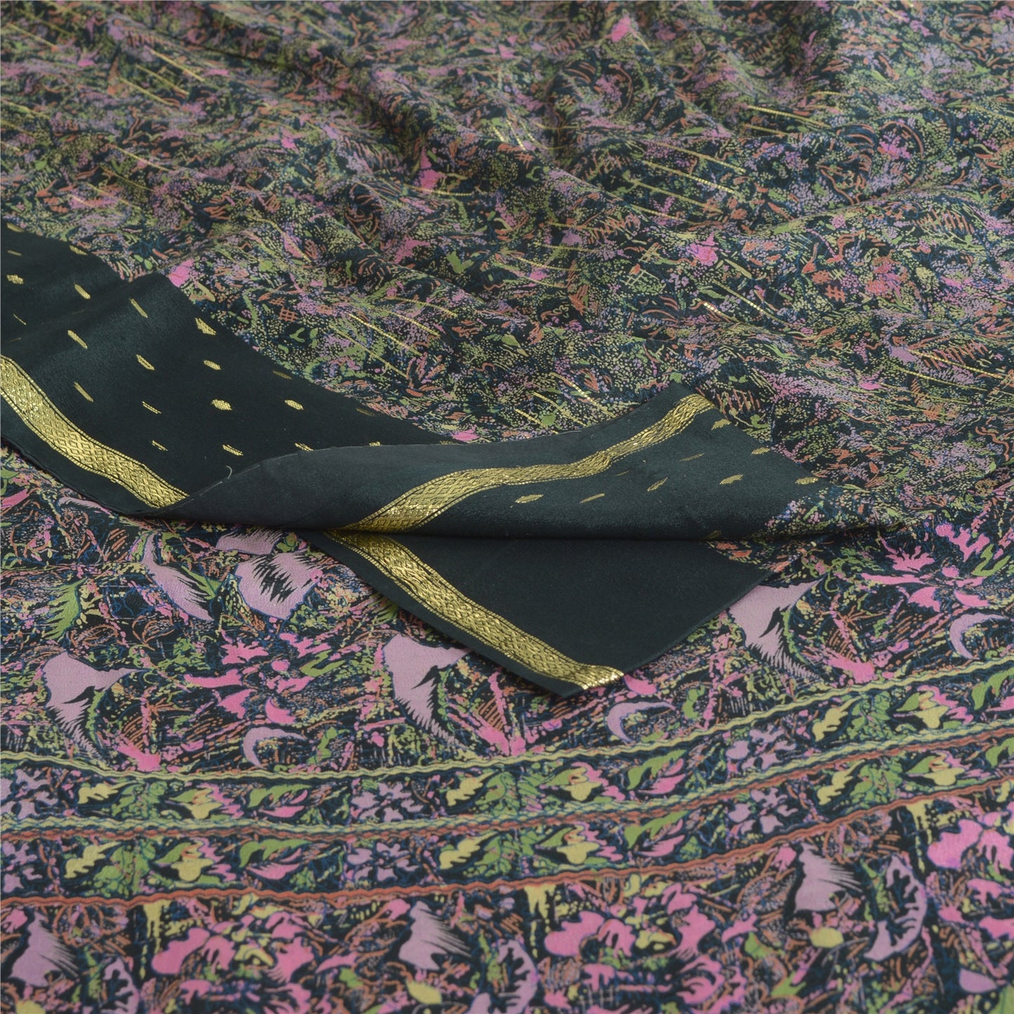 Sanskriti Vintage Sarees Sort Ren Georgette Trykt Vævet Sari Håndværk Bæredygtigt Stoff