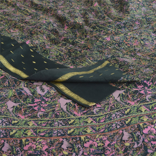 Sanskriti Vintage Sarees Black Pure Georgette Printed Woven Sari Craft Sustainable Fabric