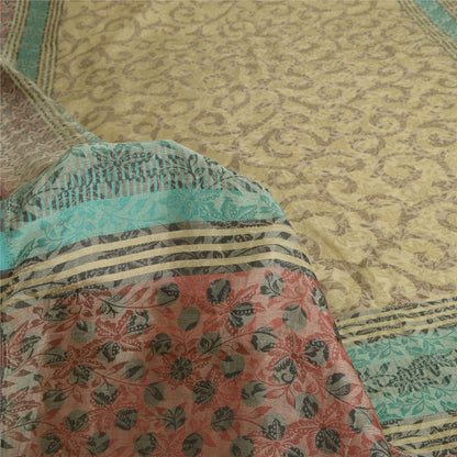 Sanskriti Vintage Sarees Cremefarvede Sari i Ren Georgette Silke Trykt 5 m Håndværksmæssigt Bæredygtigt Stoff