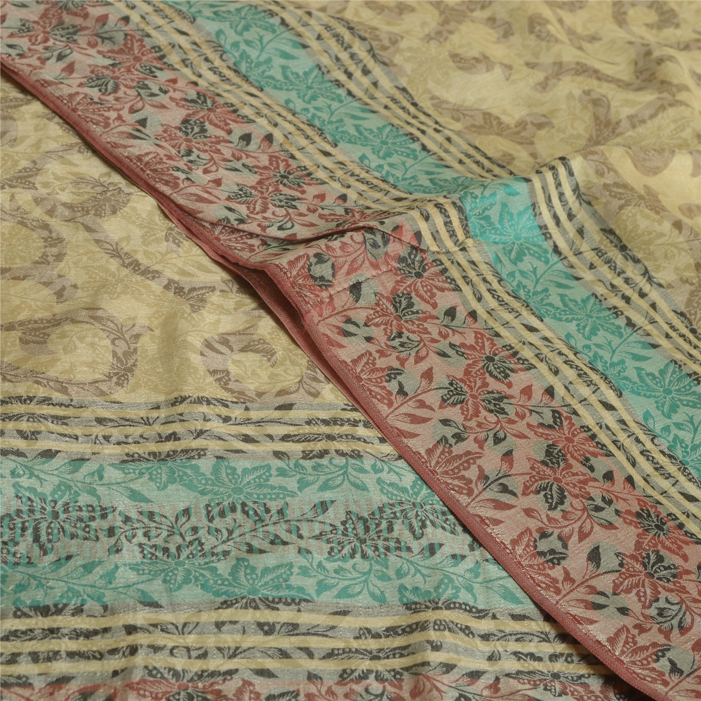 Sanskriti Vintage Sarees Cremefarvede Sari i Ren Georgette Silke Trykt 5 m Håndværksmæssigt Bæredygtigt Stoff