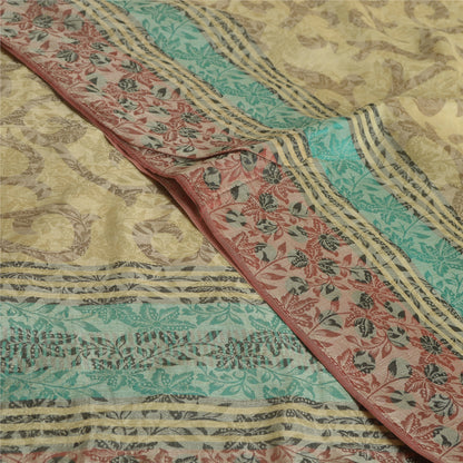 Sanskriti Vintage Sarees Cremefarvede Sari i Ren Georgette Silke Trykt 5 m Håndværksmæssigt Bæredygtigt Stoff