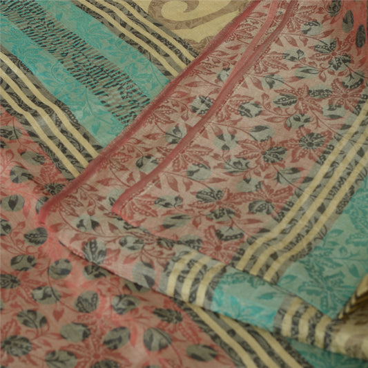 Sanskriti Vintage Sarees Cream Pure Georgette Silk Printed Sari 5yd Craft Sustainable Fabric