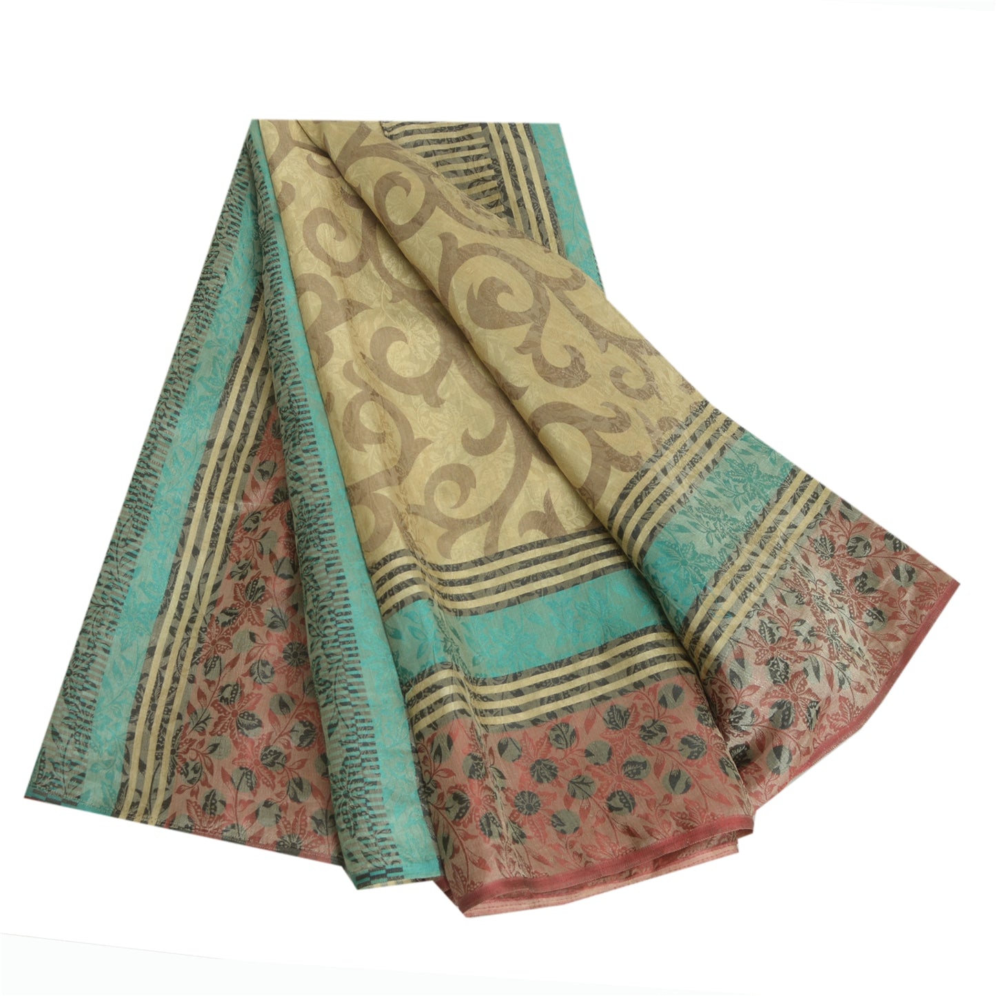 Sanskriti Vintage Sarees Cremefarvede Sari i Ren Georgette Silke Trykt 5 m Håndværksmæssigt Bæredygtigt Stoff